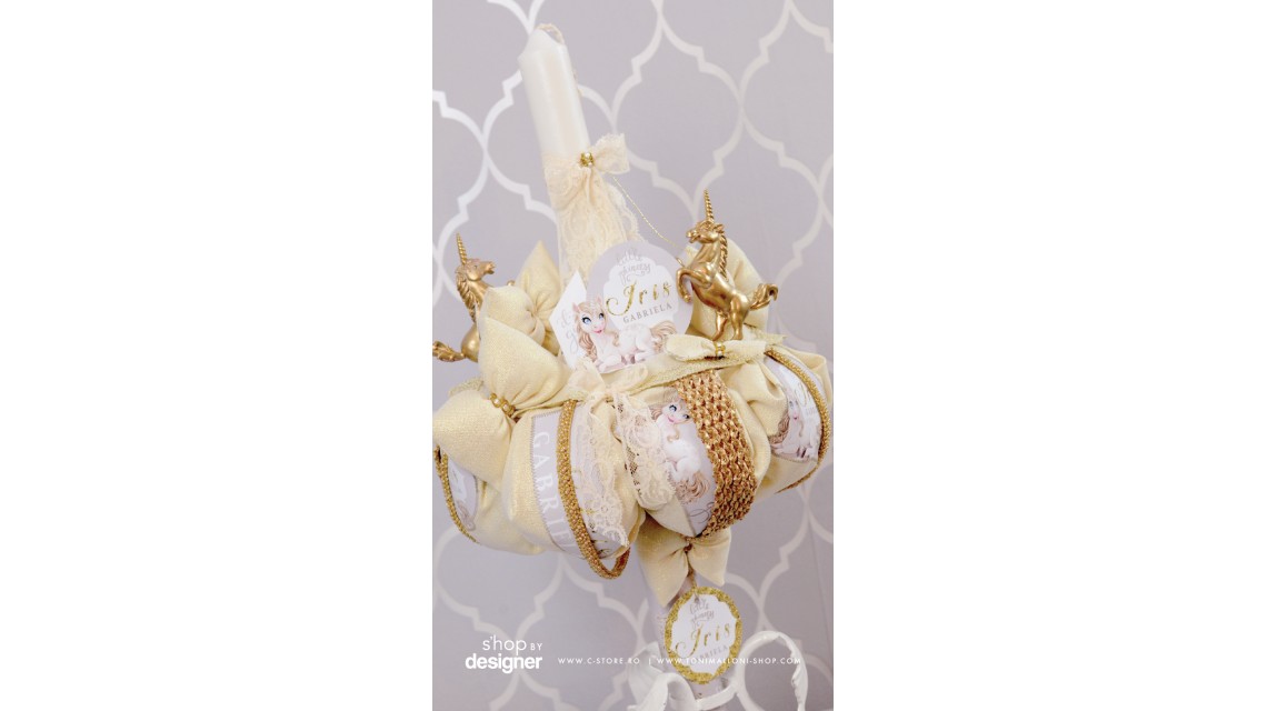 Lumanare de botez cu unicorni gold, 65x4 cm, Unicornul cu ochi albastri 6